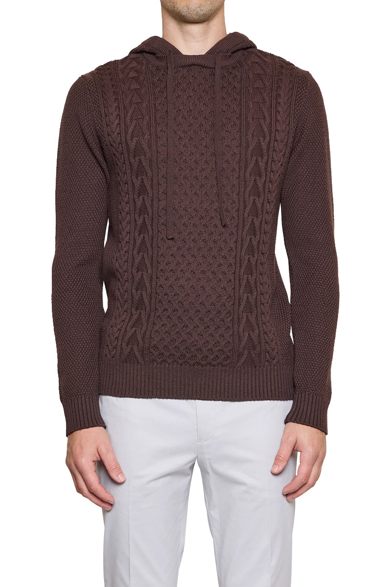 Jake Cable Knitted Hoodie in Chocolate